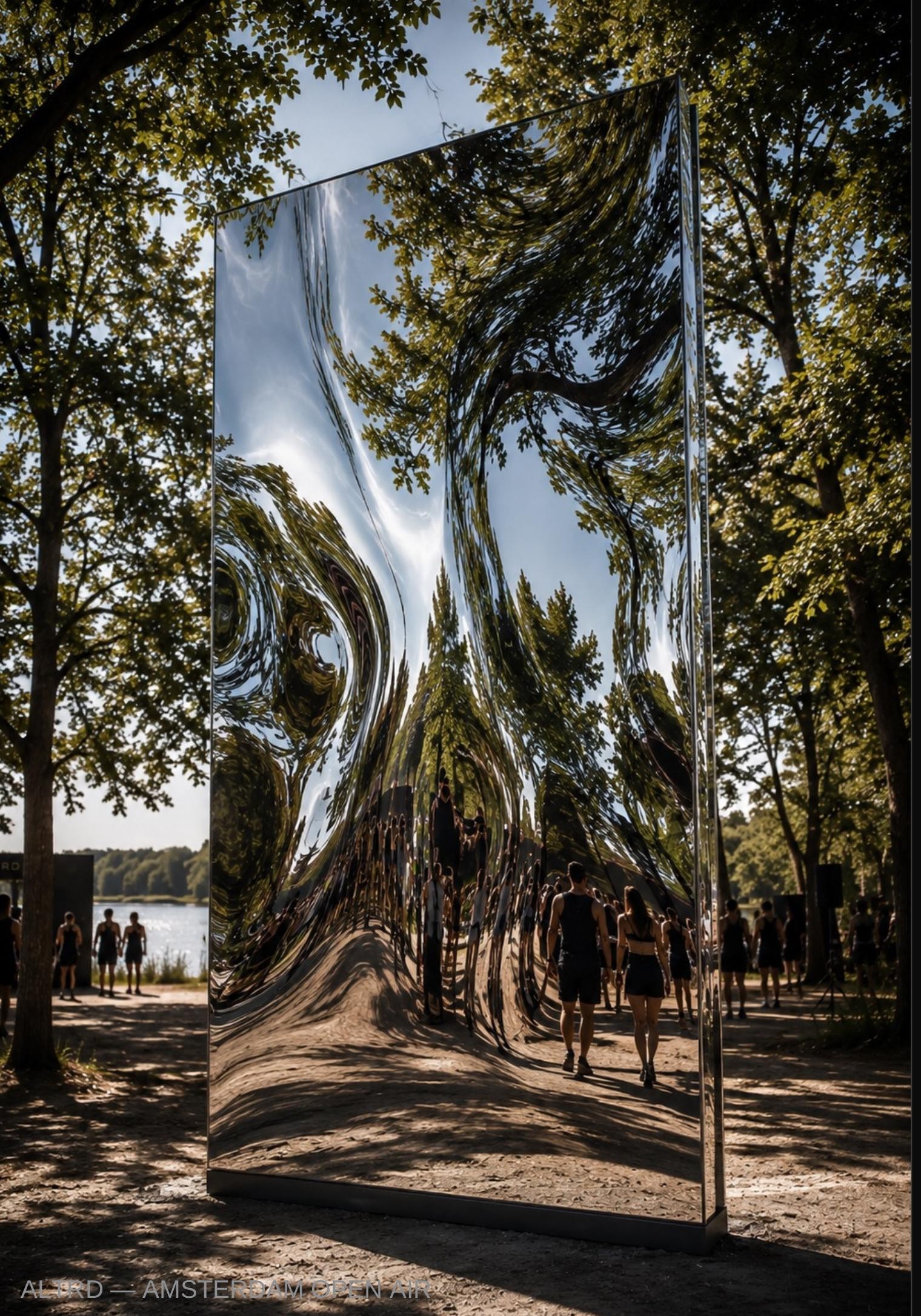 A deformed mirror panel in a park distorting the trees, sky and visitors behind it