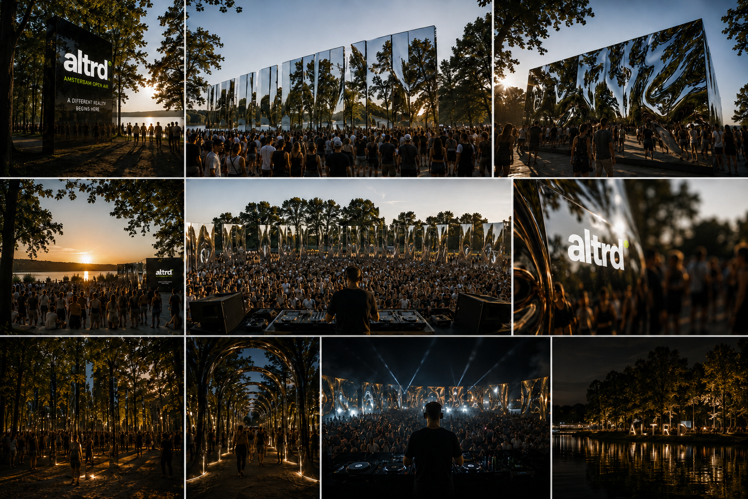 Grid of ALTRD Amsterdam Open Air visualisations: mirror entrance gate, deformed mirror walls, pillar forest, mirror tunnel and main stage at sunset and night