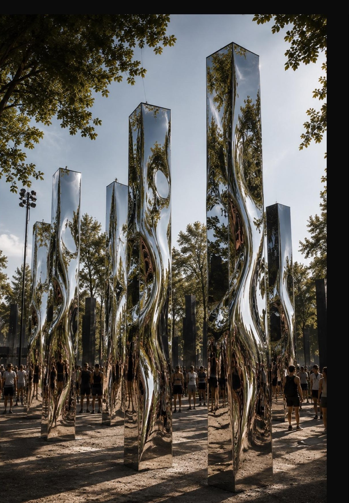 Deformed mirror pillars standing between trees at an open air festival site