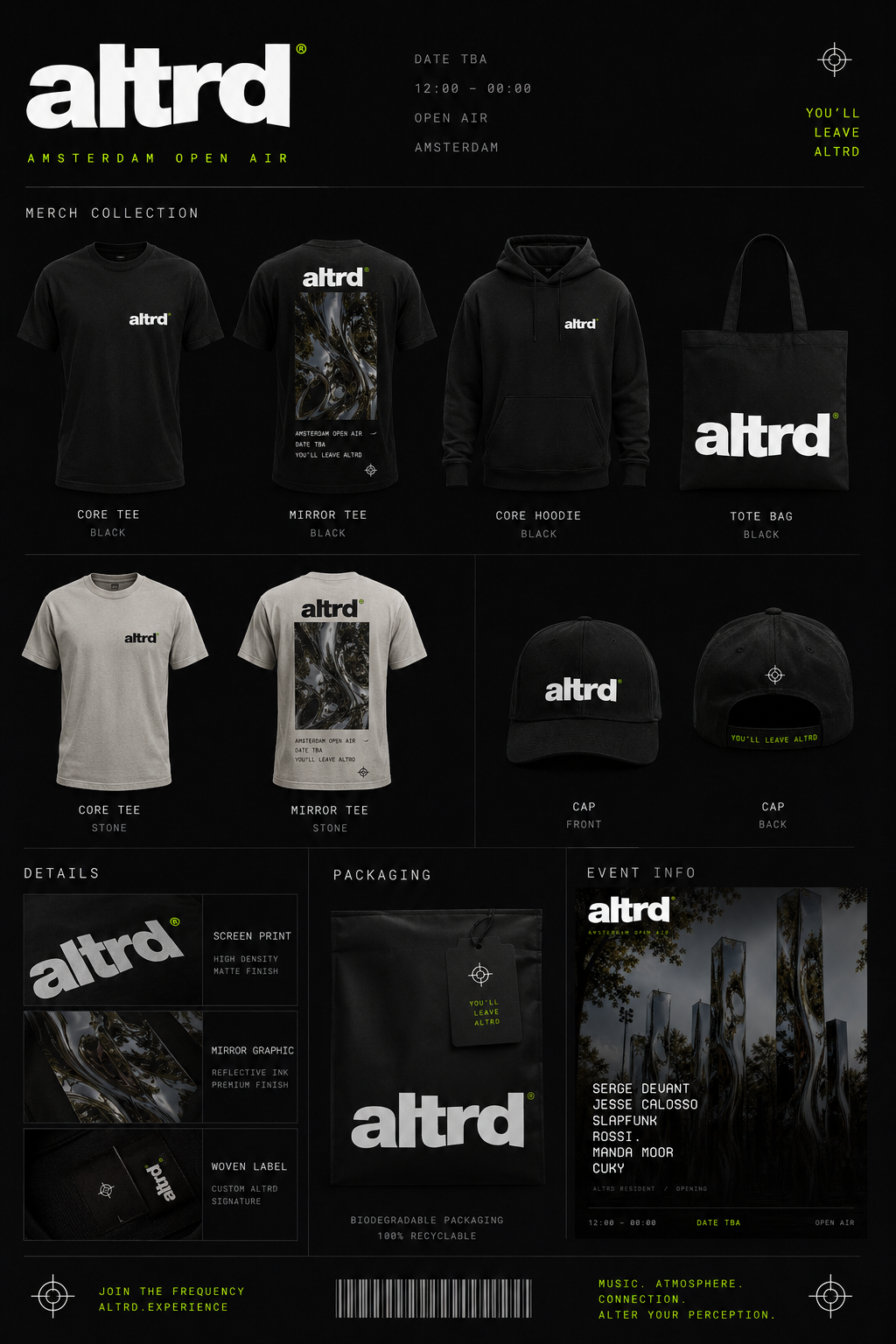 ALTRD merch collection sheet with tees, hoodies, caps and tote bag